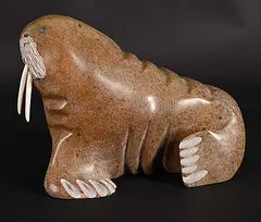 John Avaligak, Walrus, 2004, brown stone and bone sculpture
