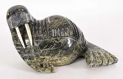 Juta Ipeelee, Untitled - Lounging Walrus, 2007, green stone and bone carving