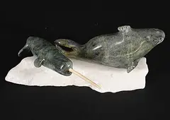 Peter John Mitchell, Narwhal + Seal, green and white stone and bone sculpture