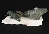 Peter John Mitchell, Narwhal + Seal, green and white stone and bone sculpture