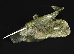 Mark Pitseolak, Untitled - Narwhal and Baby, 1978, green stone and bone carving