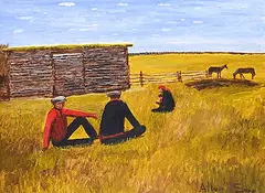 Talking Outside by Allen Sapp, 2011, acrylic on canvas, sold Sep 2024