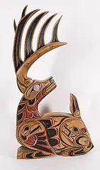 Chris Sparrow, Untitled - Deer, Eagle and Bear, painted wood carving with stone