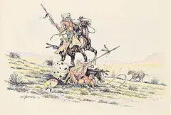 Gerald T. Tailfeathers, Tribal War, 1970, pen, ink and watercolour on paper