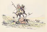 Gerald T. Tailfeathers, Tribal War, 1970, pen, ink and watercolour on paper