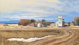 Joseph Ferenc Acs, Grain Elevators with Railway Yard, acrylic on wood panel