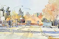 Joanna Moore, Pink House on 142nd, watercolour on paper