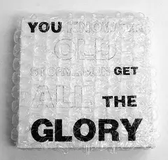 You Get the Glory [after Ed Ruscha] by Tara Lynn MacDougall, 2022, acrylic, graphite, and bubble wrap on board, sold May 2024