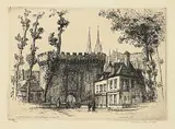 Caroline Armington, La Porte Guillaume et Vieilles Maisons a Chartres #24/100, 1926, etching on paper