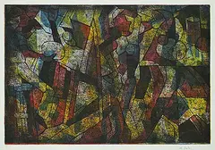 Maxwell Bennett Bates, Untitled - Figures in Yellow and Green, colour etching on paper