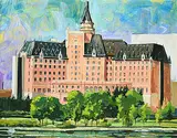 William Roy Brownridge, Bessborough [Castle on the Saskatchewan, Bessborough CN Hotel Saskatoon], 1975, acrylic on wood board