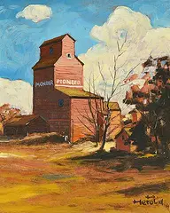 Glaslyn, Sask. by Hans Herold, 1974, oil on wood board, sold May 2024