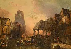 Alfred Montague, A French Market Evening, oil on wood panel