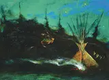 Dale Auger, Untitled - Bear Spirit and Teepee, oil on wood board