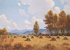 Roland Gissing, Untitled - Autumn Stooks, oil on canvas
