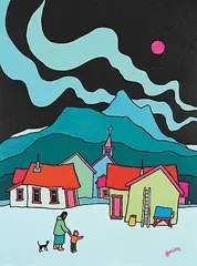 Ted Harrison, Northern Lights, 1979, acrylic on wood board