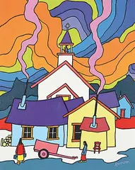 Ted Harrison, Quiet Streets, 1981, acrylic on canvas board