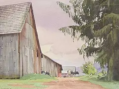 Walter J. Phillips, Barns Near Port Alberni, 1953, watercolour on paper
