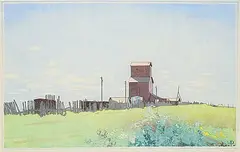 Grain Elevators at La Salle, Manitoba by Walter J. Phillips, 1931, colour wood block on paper, sold Apr 2024