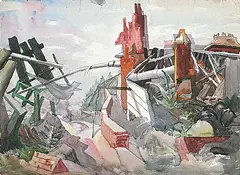 Jack Shadbolt, WWII Shelled Township / Hen in Cage [Double Sided], 1948, watercolour on paper