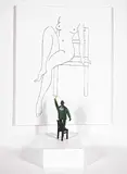 Reinhard Skoracki, Untitled - Artist and His Model, bronze sculpture on painted wood stand plus ink on canvas