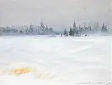 Orestes de Grandmaison, Spruce Trees in Snowstorm, 1974, oil on wood board