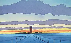 Untitled - Elevators at Dawn by Robert Newton Hurley, 1947, watercolour on paper, sold Apr 2024