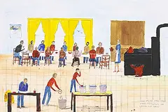 Irene E. McCaugherty, The Haying Crew 1934 [Wheelerville Series], 1990, watercolour and ink on paper