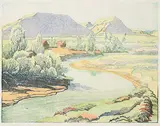 Margaret Shelton, Robin Hood Hills, Drumheller #38/50, 1942, colour wood block in eight colours on paper