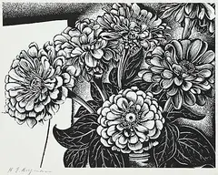 Henry Eric Bergman, Zinnias, etching on paper