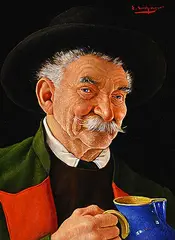 Erwin Eichinger, Untitled - Man Holding Blue Jug, oil on wood board