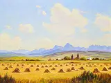 Roland Gissing, Harvest at Cowley, 1967, oil on canvas board