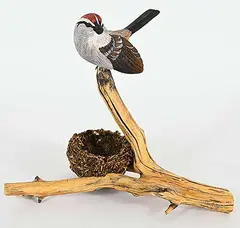 Chipping Sparrow and Nest by Dick Goerg, tupelo wood carving, sold Mar 2024