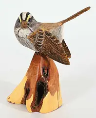 White-Throated Sparrow by Dick Goerg, 2012, tupelo wood carving, sold Mar 2024