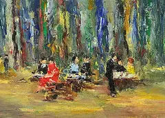 Michel Rostand, Garden Cafe, oil on canvas board