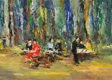 Michel Rostand, Garden Cafe, oil on canvas board