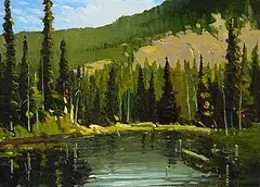 Peter Shostak, Do You See the Beaver in the Pond?, oil on wood board