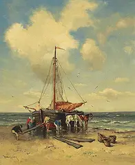 Untitled - We All Help Unload by Dorus Arts, oil on canvas, sold Dec 2023