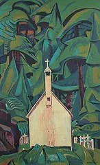 Emily Carr, Church at Yuquot Village [formerly Indian Church; and White Church], 1947, colour silkscreen on paper board
