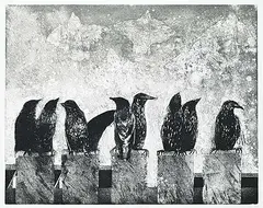 Cecil Day, Starlings on Chimney Pots #4/100, 1988, etching on paper