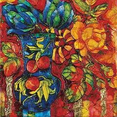 Joanne Gauthier, Vase with Peaches, oil on canvas