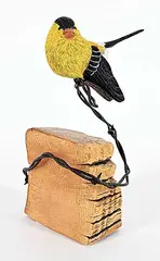 Goldfinch by Dick Goerg, 2015, wood carving and metal, sold Dec 2023