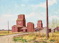 Untitled - National Grain Elevators by Mannie Gonsalves, oil on canvas, sold Dec 2023