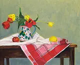 Barb Goodman, Red and Yellow Tulips in Italian Jug on Red Striped Cloth, 2001, oil on canvas