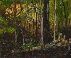 October Woods by Thomas Garland Greene, 1918, oil on board, sold Dec 2023