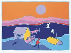 Ted Harrison, Tagish Swans #145/185, 1990, colour silkscreen on paper