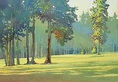 Kiff Holland, Early Morning Golf Game, watercolour on paper