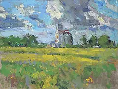 Clint Hunker, Aberdeen Elevator and Late Bloom of Canola, 2010, oil on canvas