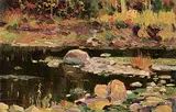 Untitled - Edge of the Pond by Andrew Wilkie Kilgour, oil on wood board, sold Dec 2023
