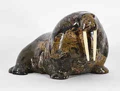 Ken Q. Li, Untitled - Husky Walrus, grey stone and bone carving